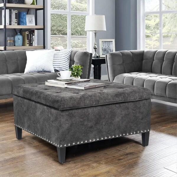 Adeco Large Square Footstool Fabric Storage Ottoman Bench